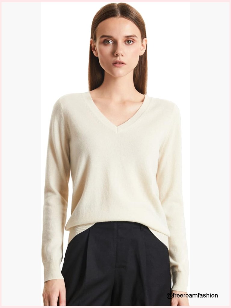 Women's 100% Pure Cashmere V Neck Long Sleeve Pullover Sweater